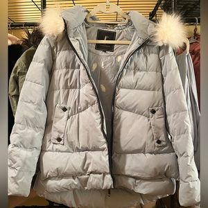 Hooded fur down jacket super light weight light blue women's Size Small